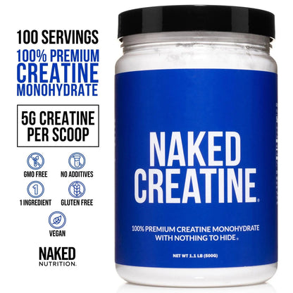 Naked Creatine Monohydrate, Unflavored Micronized Creatine Powder Supplement, 100 Servings